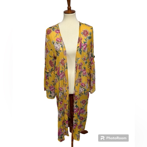 Band of Gypsies Sheer Floral Maxi Split Hem Swim Coverup Kimono Bell Sleeve S - Picture 7 of 9